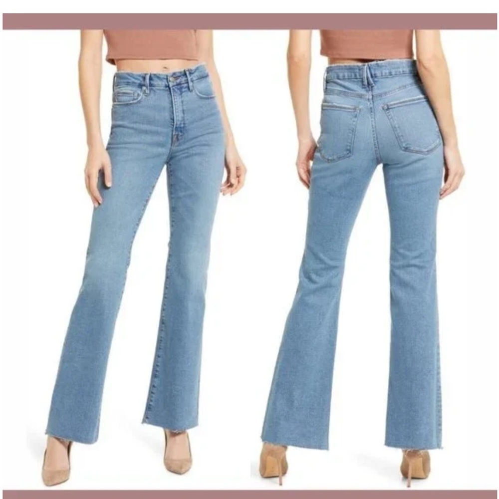 Good American Good Classic Bootโ in Indigo Raw Hem Bootcut Jeans